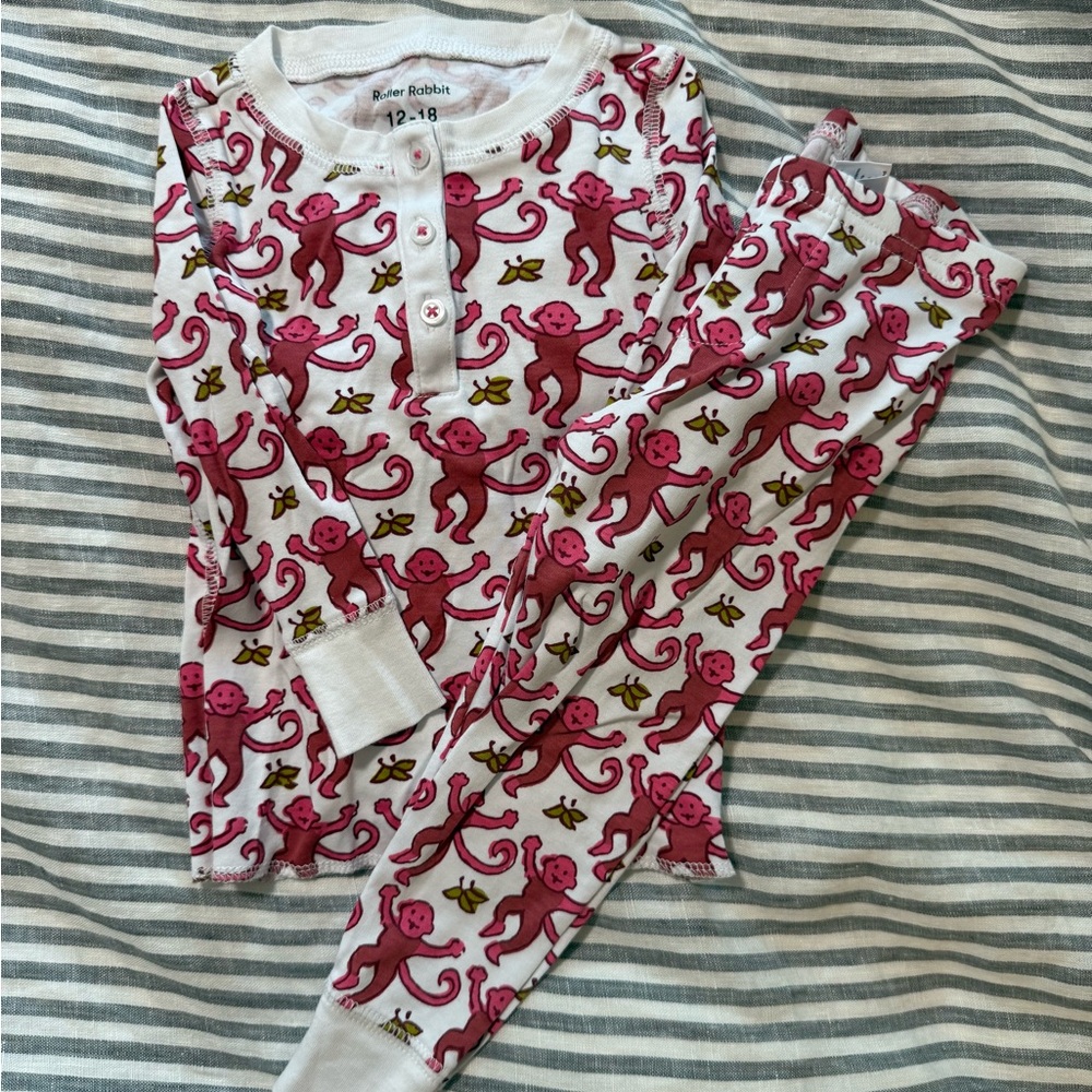 Roller Rabbit White and Pink Monkey Print Pajama Set